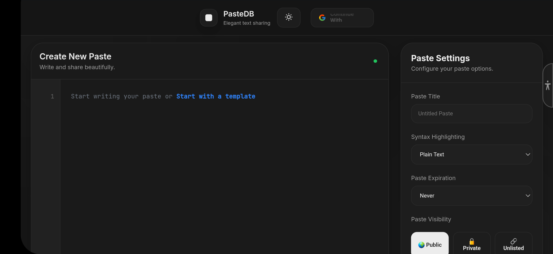 PasteDB Create page